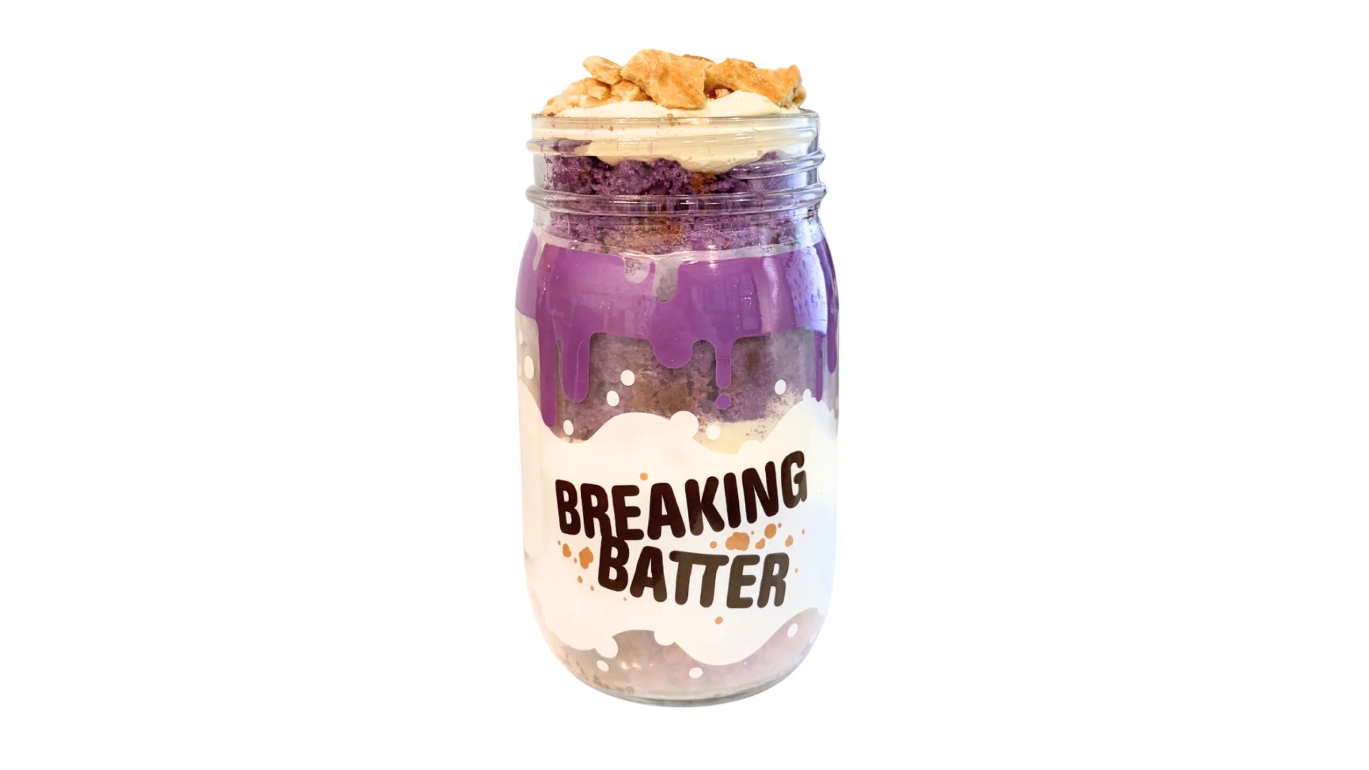 A Breaking Batter Cake Jar with Taro Cake, Cream Cheese Frosting and Crushed Butter Waffle Cookies in a Regular Mason Jar