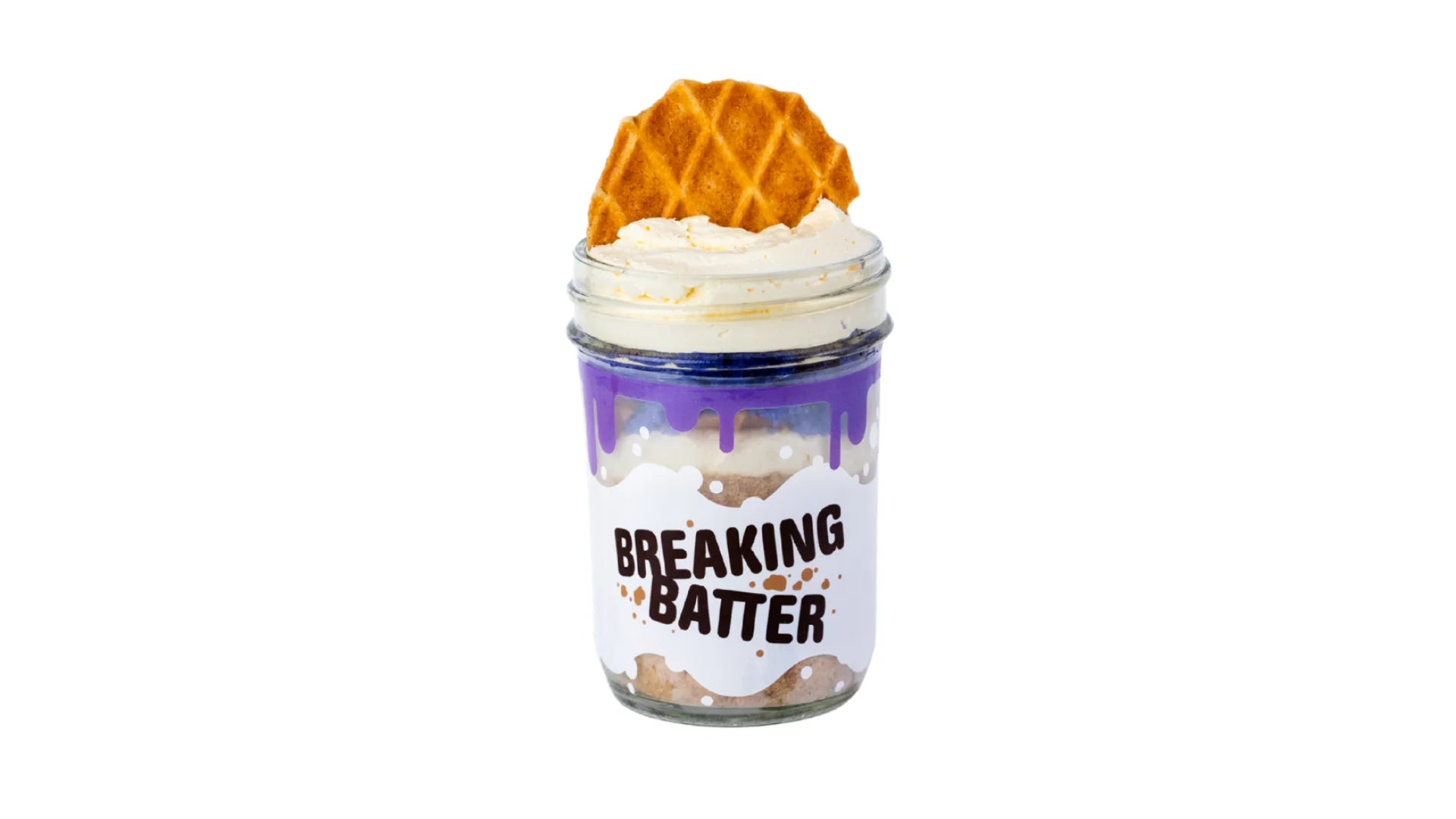 A Breaking Batter Cake Jar with Taro Cake, Cream Cheese Frosting and Crushed Butter Waffle Cookies in a Mini Mason Jar
