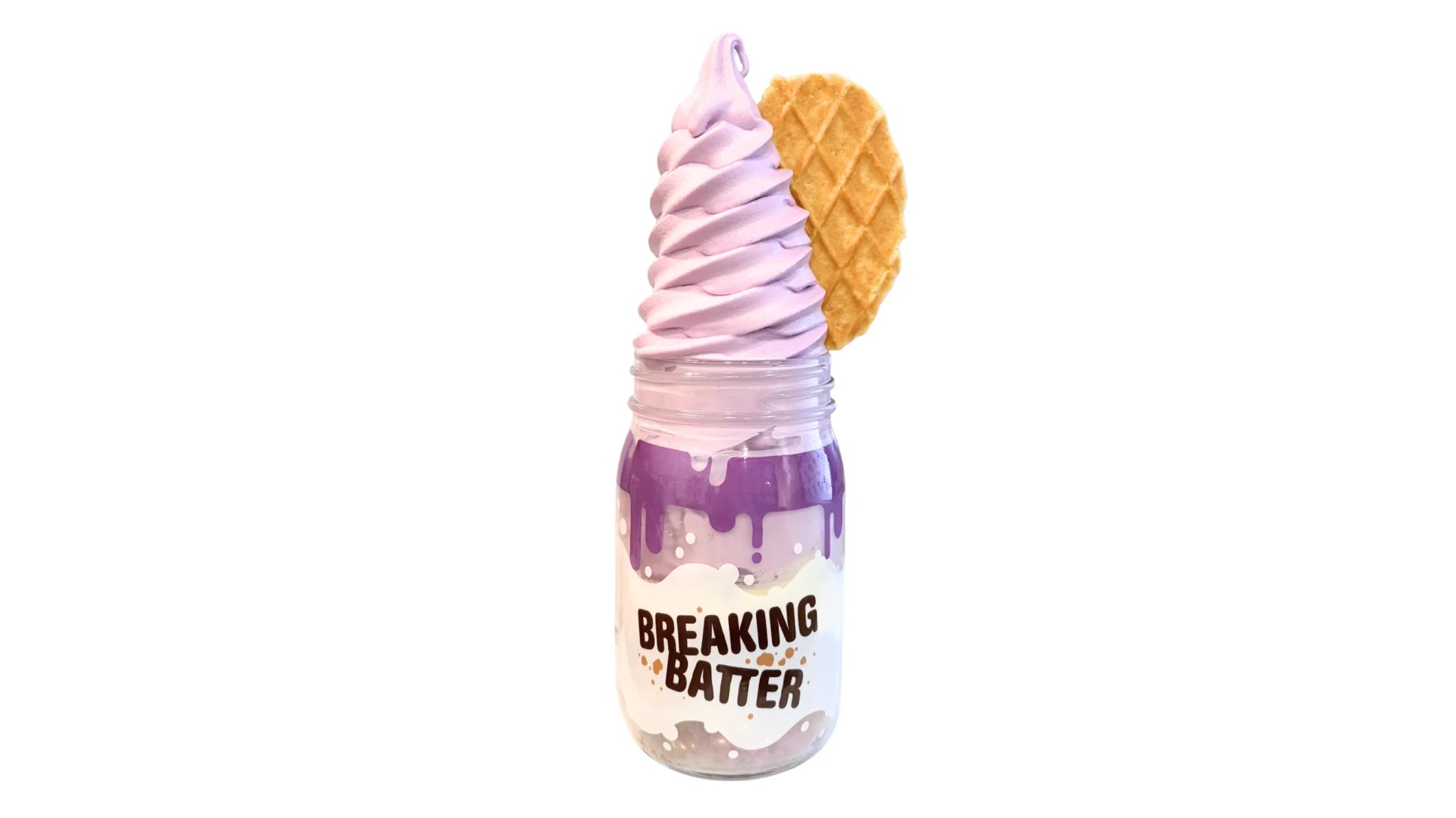 A Breaking Batter Ice Cream Cake Jar with Taro Cake, Cream Cheese Frosting, Butter Waffle Cookies and Taro Ice Cream.
