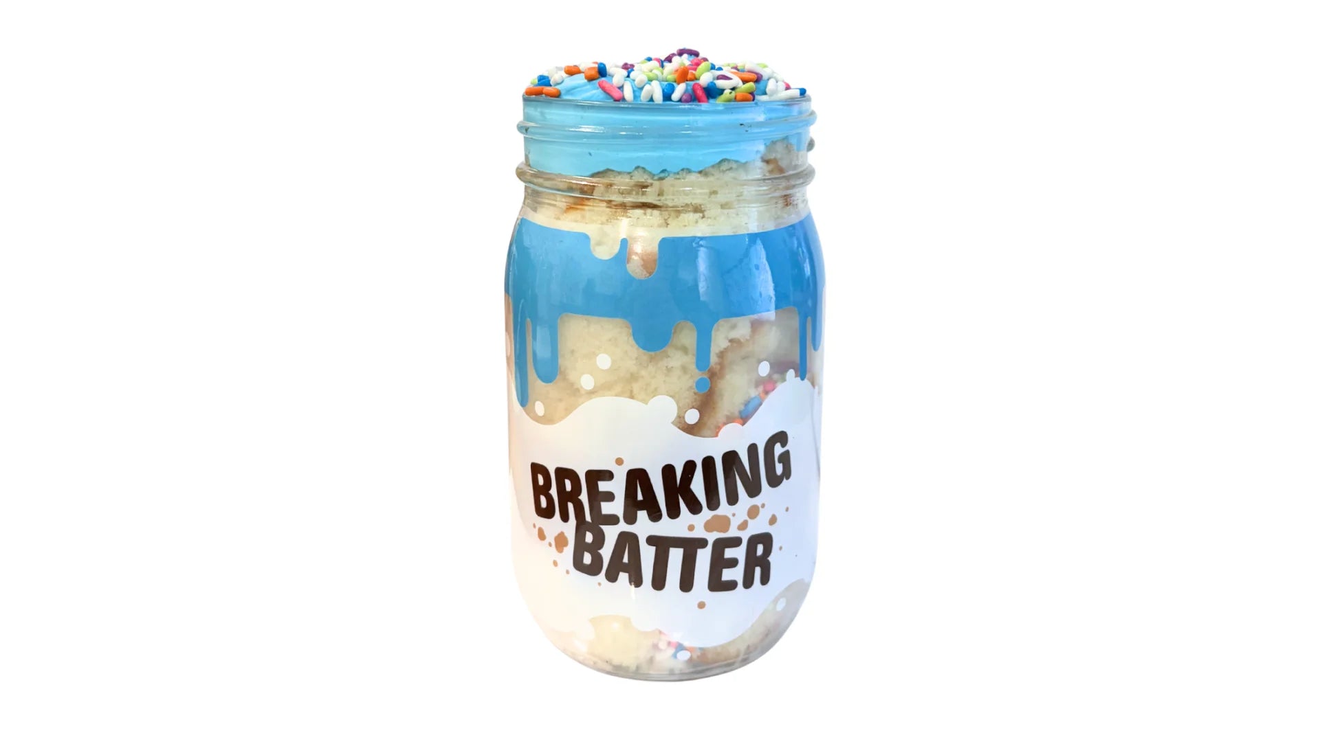 A Breaking Batter Cake Jar with Vanilla Cake, Cookies & Cream Frosting, Blue Vanilla Frosting and Rainbow Sprinkles in a Regular Mason Jar
