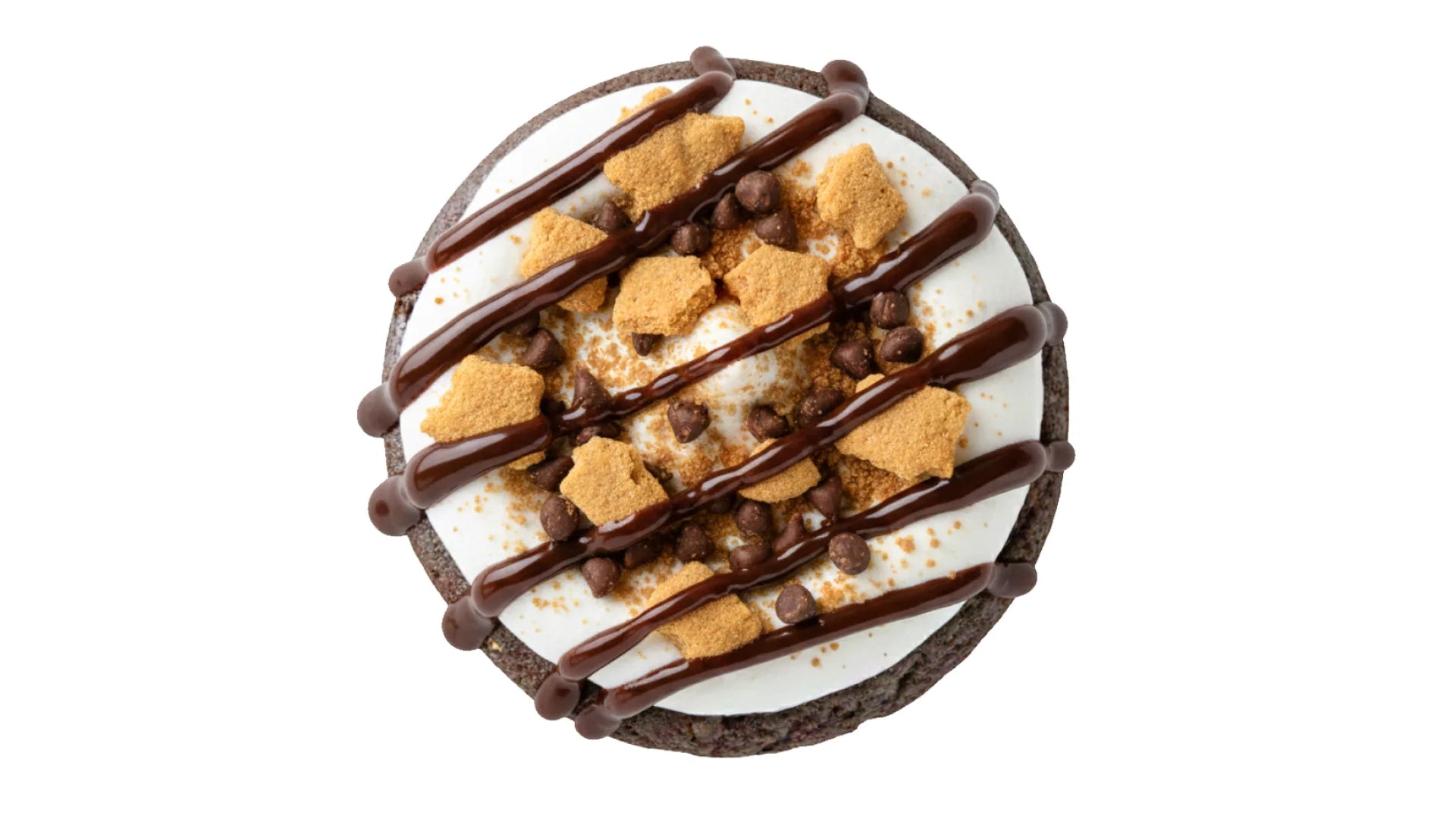 Fudgy Chocolate Cookie with Marshmallow Whipped Frosting, Graham Cracker Chunks, Chocolate Chips and a Chocolate Drizzle.
