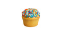 A Vanilla Cupcake Topped with Blue Vanilla Frosting and Rainbow Sprinkles.