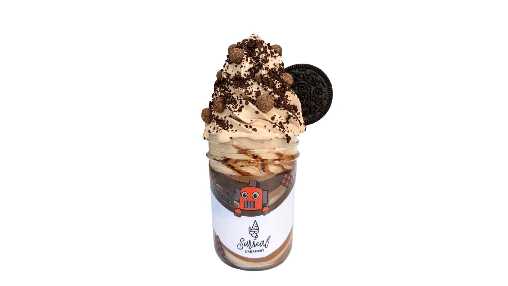 Surreal Creamery Chocolate Blackout Ice Cream Mason Jar with Chocolate Ice Cream, Chocolate Crunch, Chocolate Syrup, Cocoa Puffs, and Oreos.
