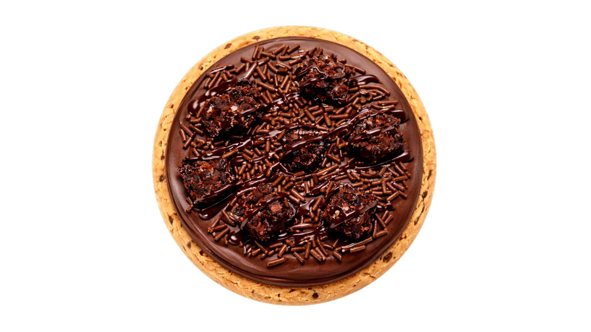 Chocolate Chip Cookie with Chocolate Frosting, Chocolate Sprinkles, and Brownie Bites.