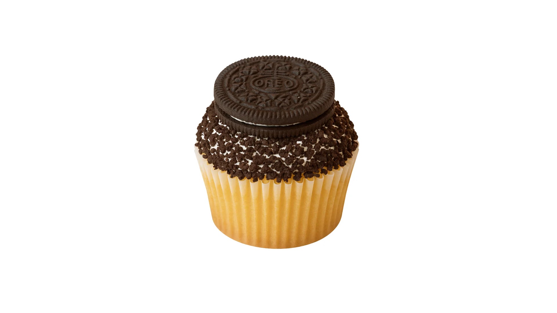 A Vanilla Cupcake Topped with Cookies and Cream Frosting, Chocolate Crunch and an Oreo. 