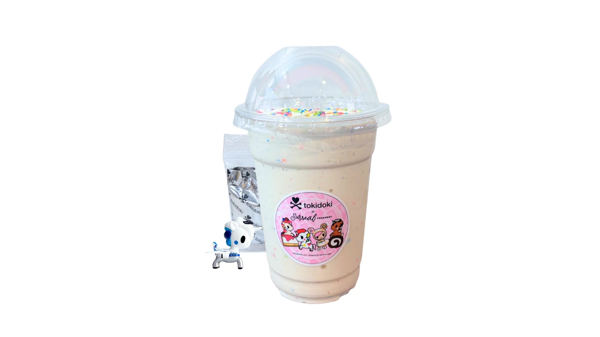 A tokidoki inspired Milkshake with Earl Grey Vanilla Ice Cream and Rainbow Sprinkles. Comes with one 1" tokidoki mystery collectible.
