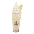 Earl Grey Bubble Tea Topped with Earl Grey Soft Serve Ice Cream and a Ladyfinger Cookie.
