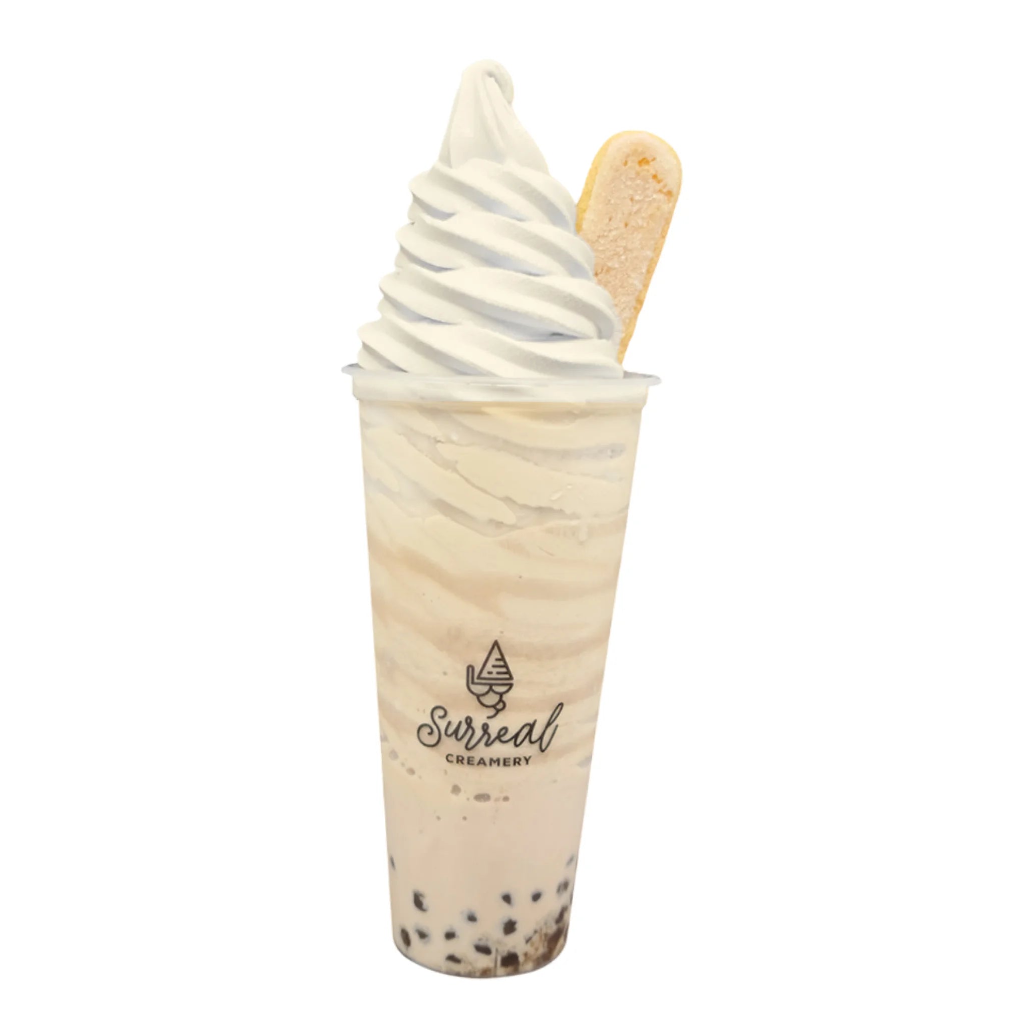 Earl Grey Bubble Tea Topped with Earl Grey Soft Serve Ice Cream and a Ladyfinger Cookie.