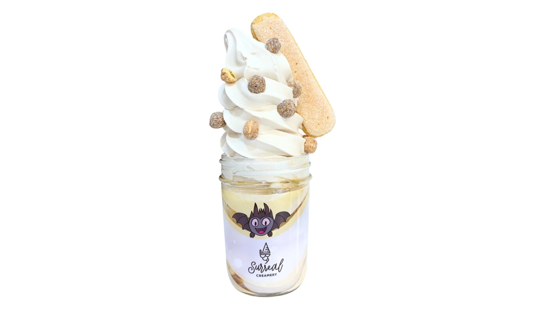 Surreal Creamery Earl Grey Everyday Ice Cream Mason Jar with Earl Grey Ice Cream, Caramel Syrup, Reese's Puffs, and Lady Fingers.