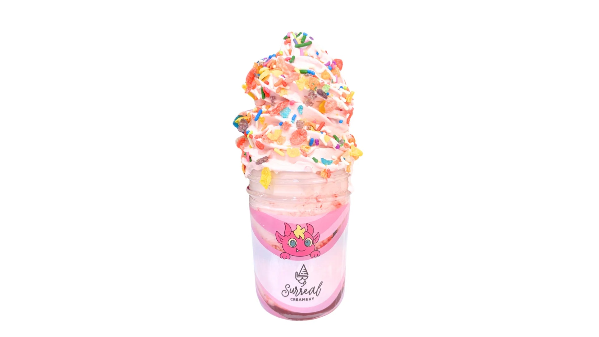 Surreal Creamery It’s My Birthday Ice Cream Mason Jar with Strawberry Ice Cream, Fruity Pebbles, Strawberry Syrup, and Rainbow Sprinkles.