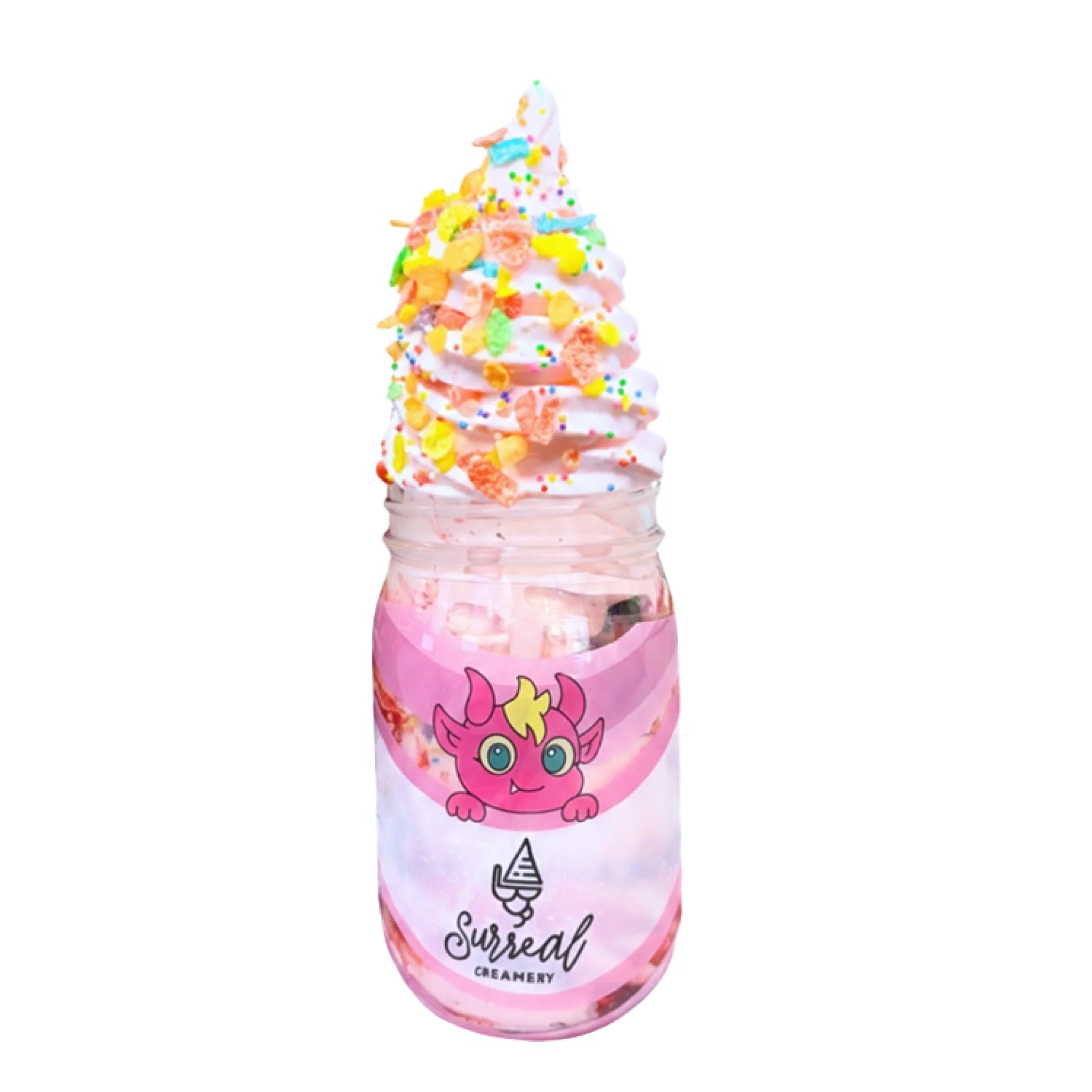 Surreal Creamery It’s My Birthday Ice Cream Mason Jar with Strawberry Ice Cream, Fruity Pebbles, Strawberry Syrup, and Rainbow Sprinkles. 