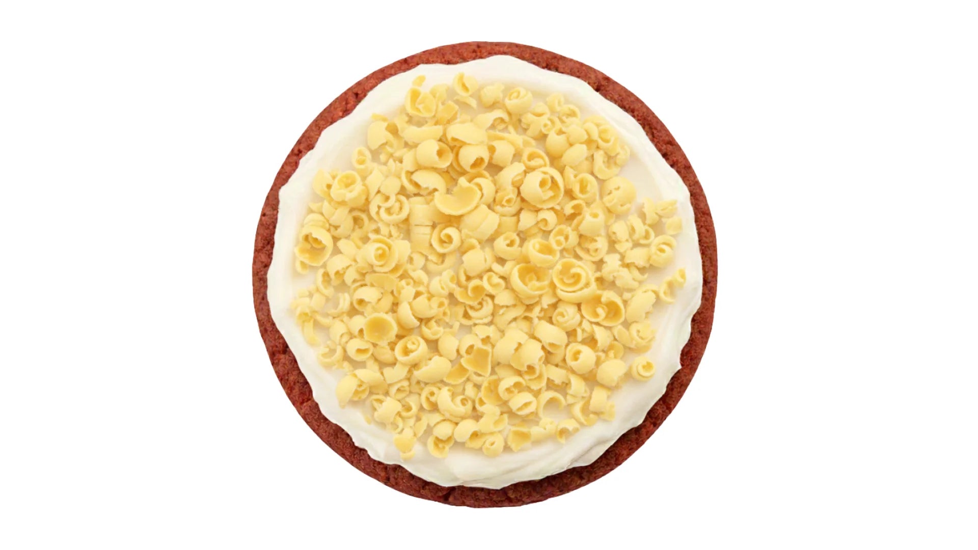 Red Velvet Cookie with Cream Cheese Frosting and White Chocolate Curls.