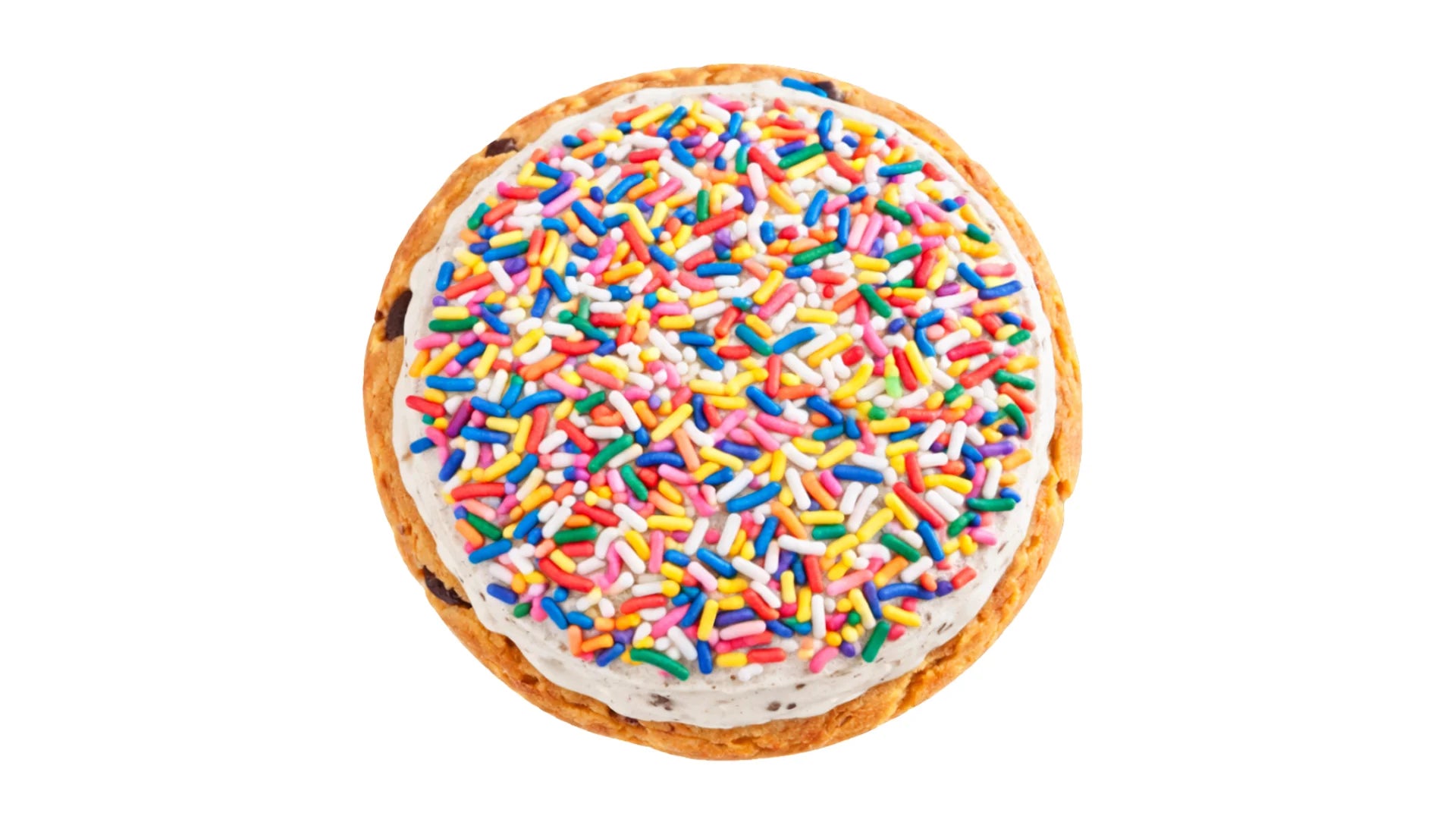 M&M Cookie with Cookies and Cream Frosting and Rainbow Sprinkles.