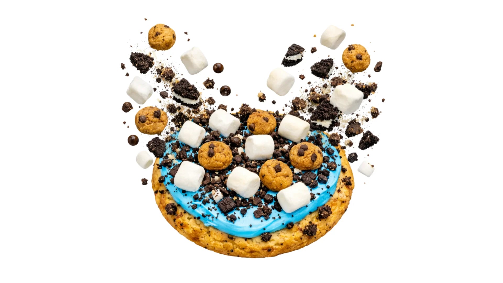A Breaking Batter Nom Nom Cookies N’ Cream with Toppings Such as Marshmallows, Oreo Crunch and Cookie Crisps Bursting Out.