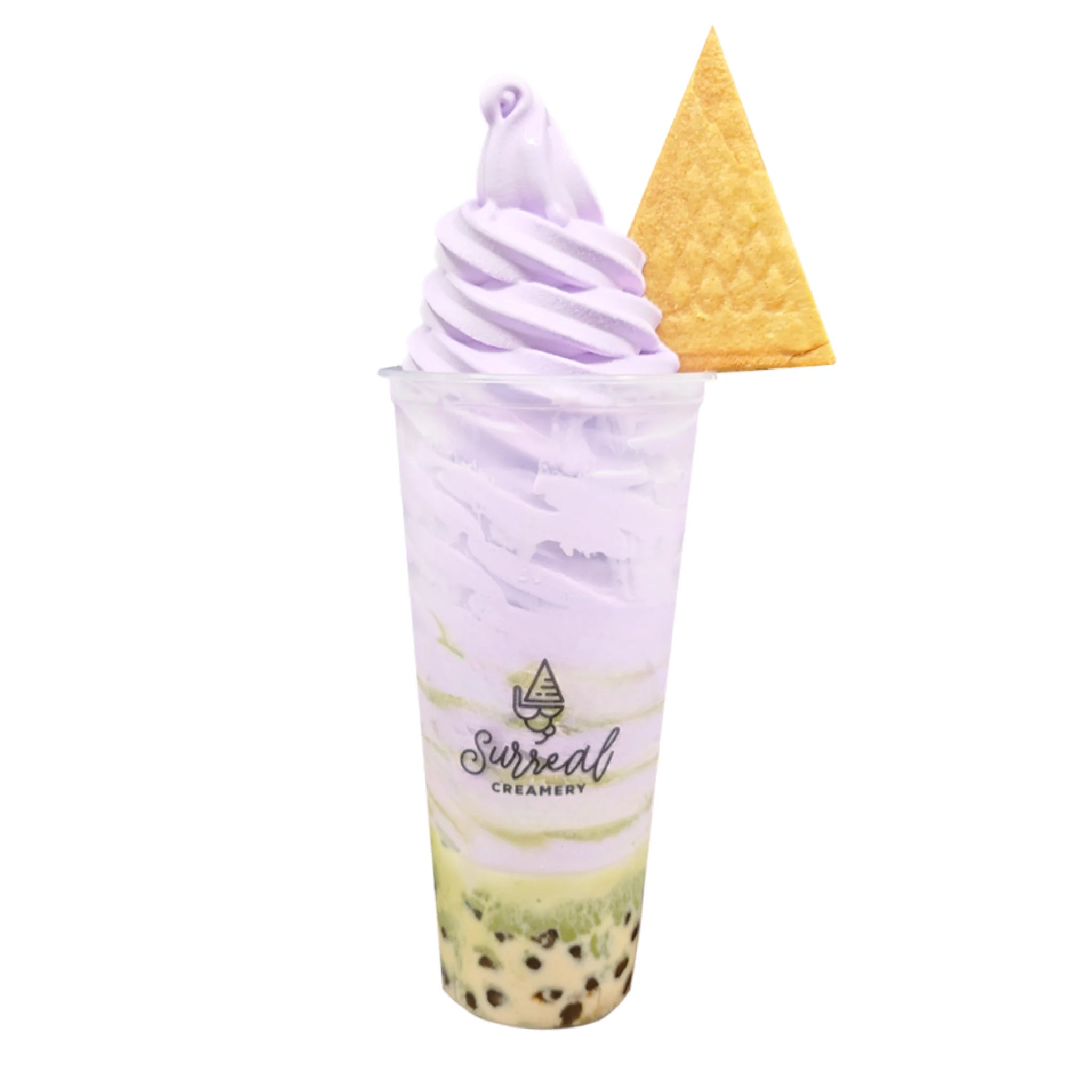 Matcha Bubble Tea Topped with Taro Soft Serve Ice Cream and a Waffle Cookie.
