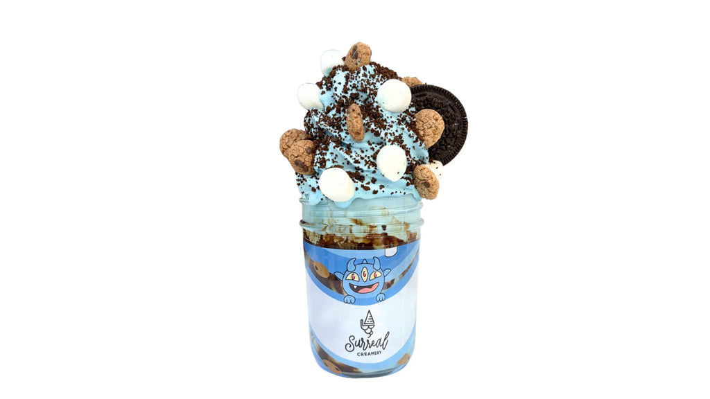 Monster Cookie Ice Cream, Chocolate Crunch, Chocolate Syrup, Cookie Crisp, Marshmallows, and Oreos