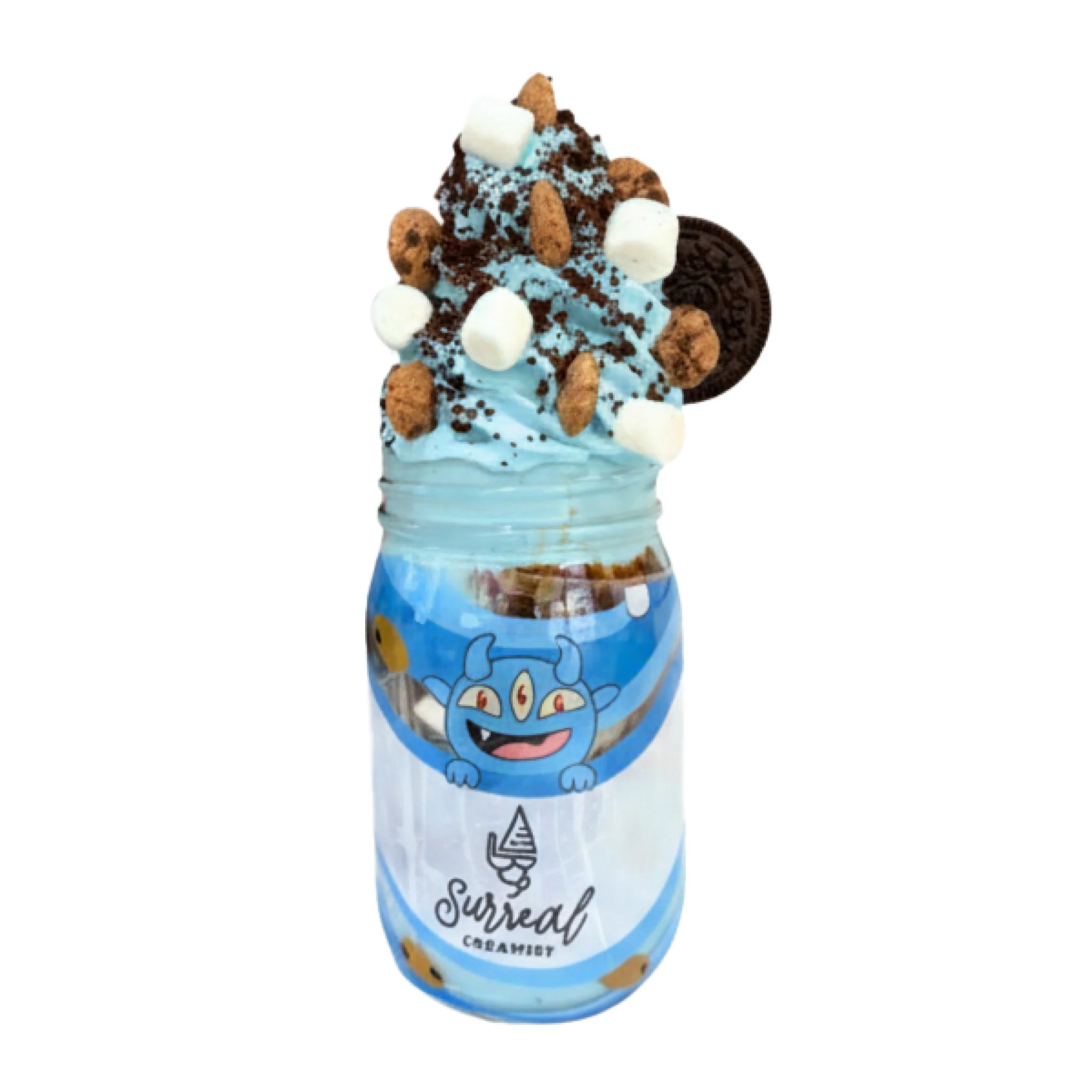 Surreal Creamery Nom Nom Cookie Ice Cream Mason Jar with Monster Cookie Ice Cream, Chocolate Crunch, Chocolate Syrup, Cookie Crisp, Marshmallows, and Oreos.