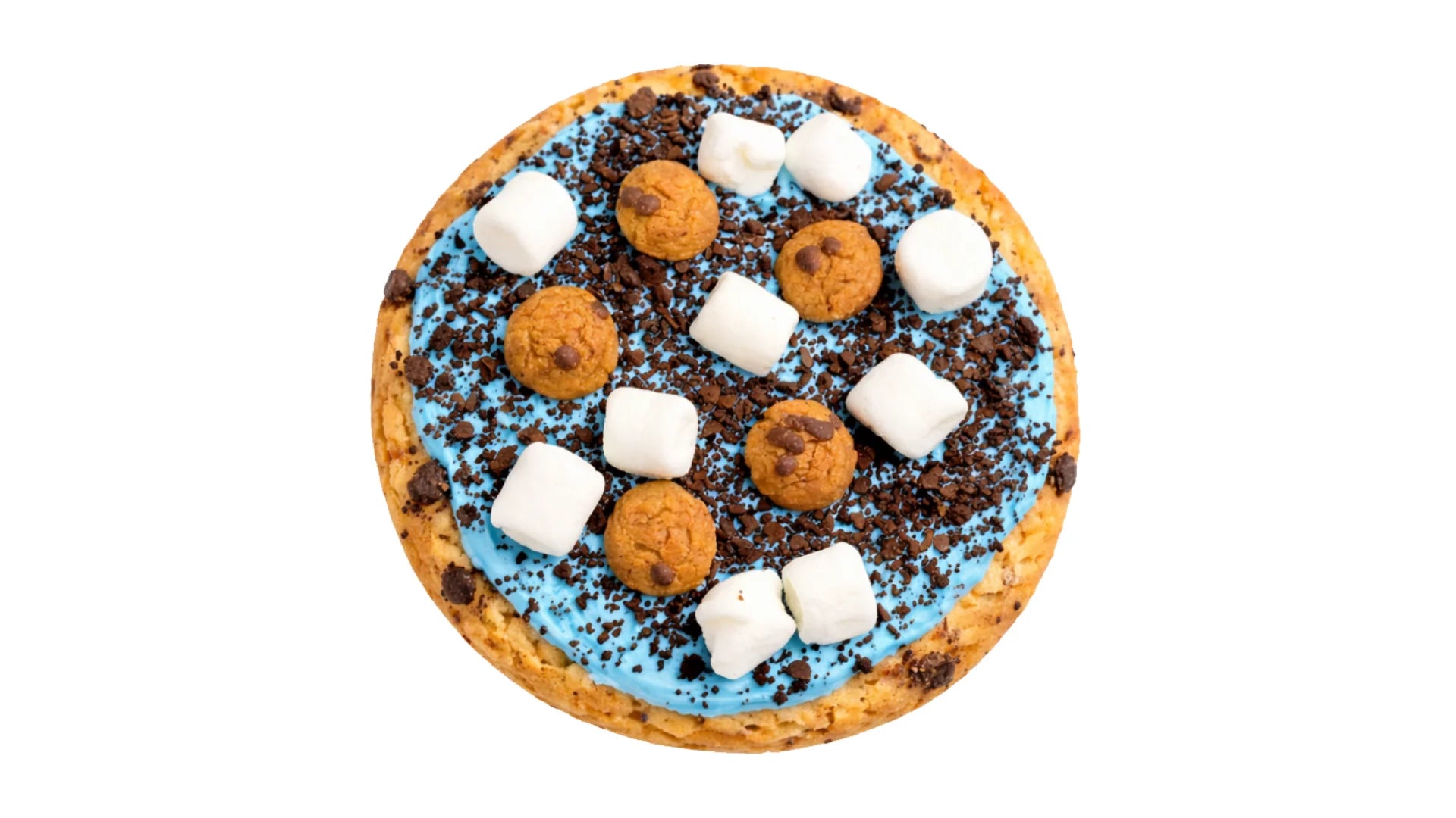 Cookies and cream cookie with blue vanilla frosting, Cookie Crisps, marshmallows and chocolate crunch.
