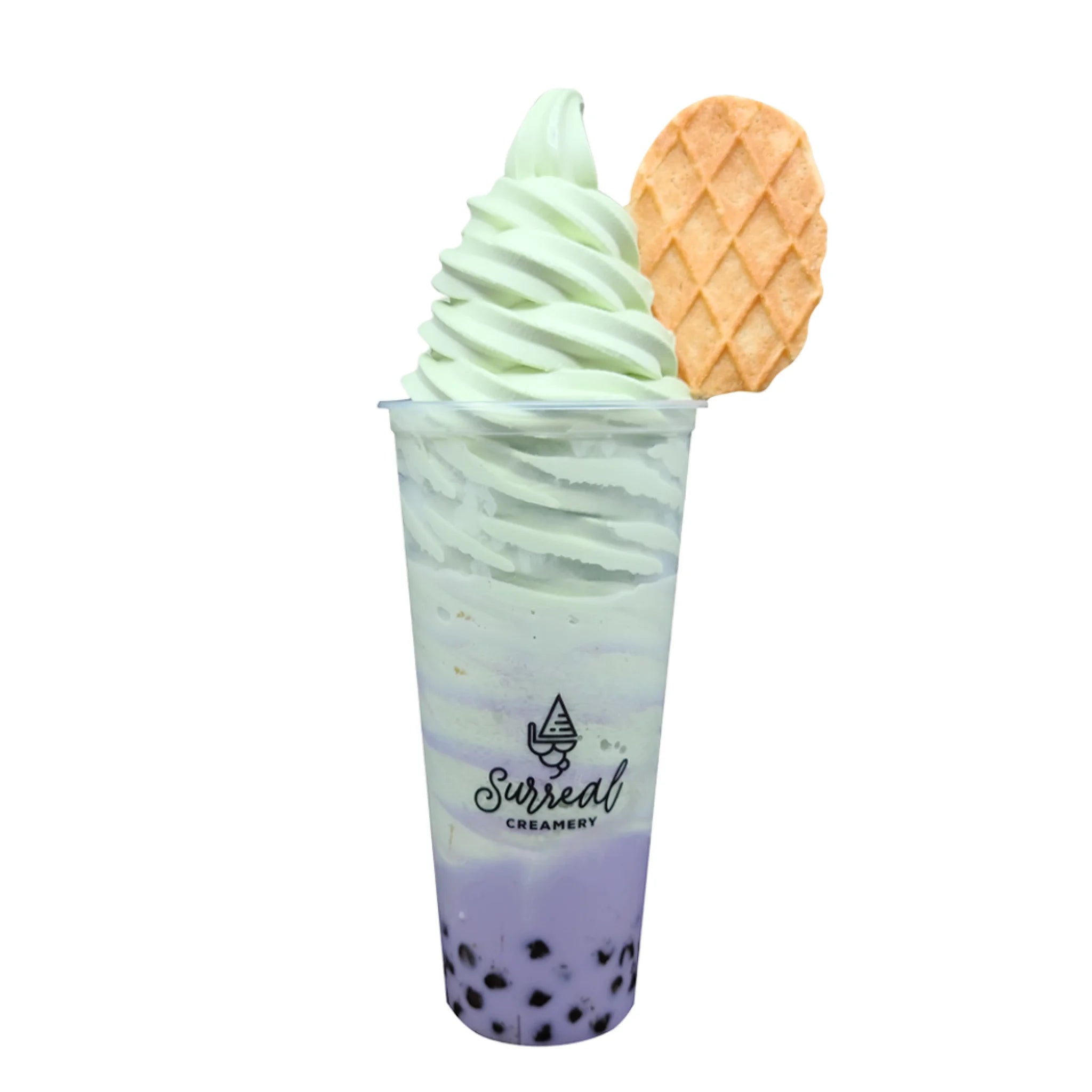 Taro Bubble Tea Topped with Matcha Soft Serve Ice Cream and a Waffle Cookie.