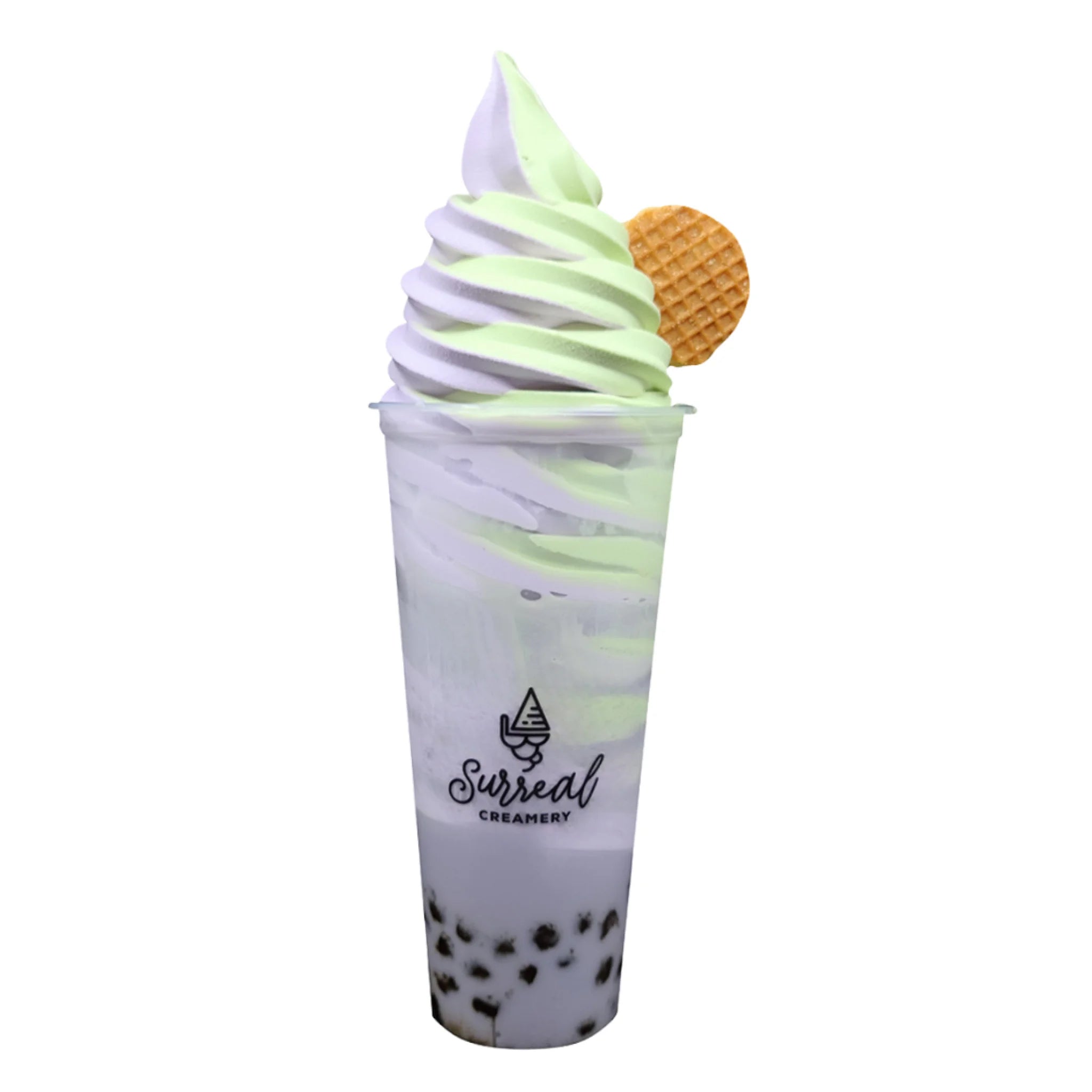 Taro Bubble Tea Topped with a Matcha/ Taro Soft Serve Ice Cream Swirl and a Caramel Cookie.