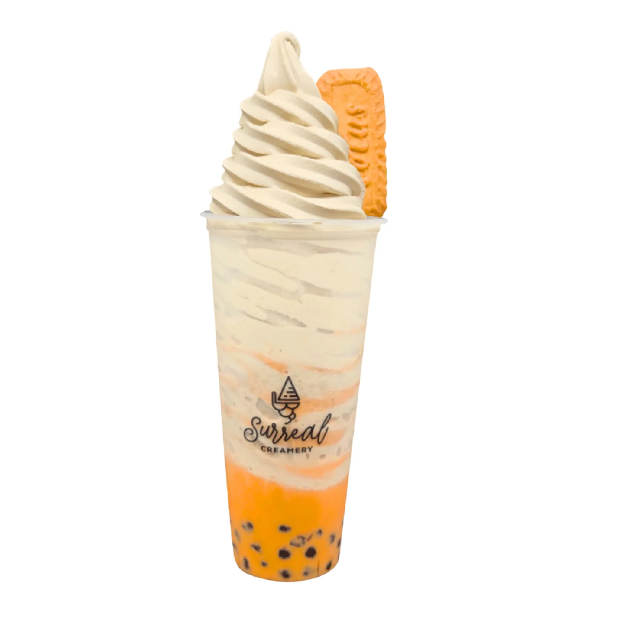 Thai Milk Tea with Tapioca Topped with Vietnamese Iced Coffee Soft Serve Ice Cream and a Biscoff Cookie.