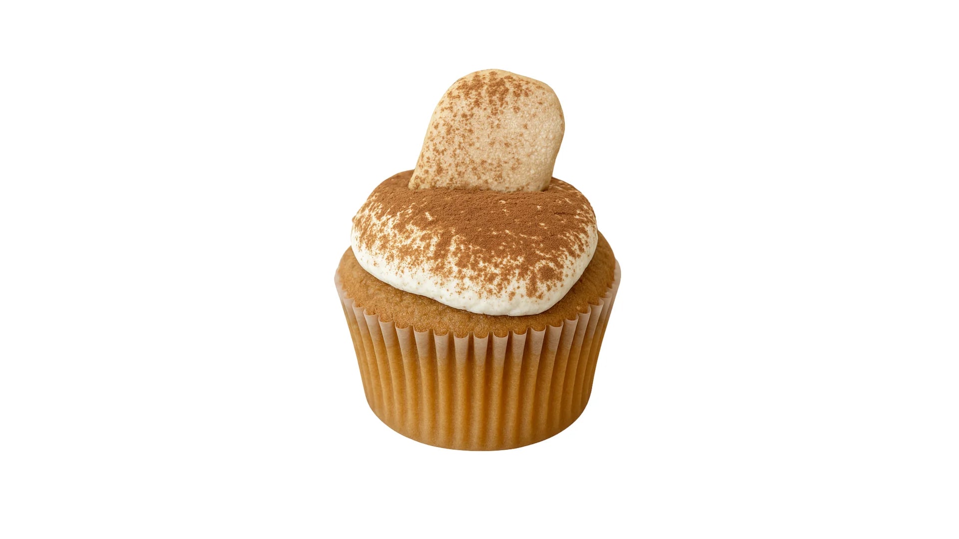 An Espresso Cupcake Topped with Tiramisu Frosting, Ladyfinger and a Dusting of Cocoa Powder.