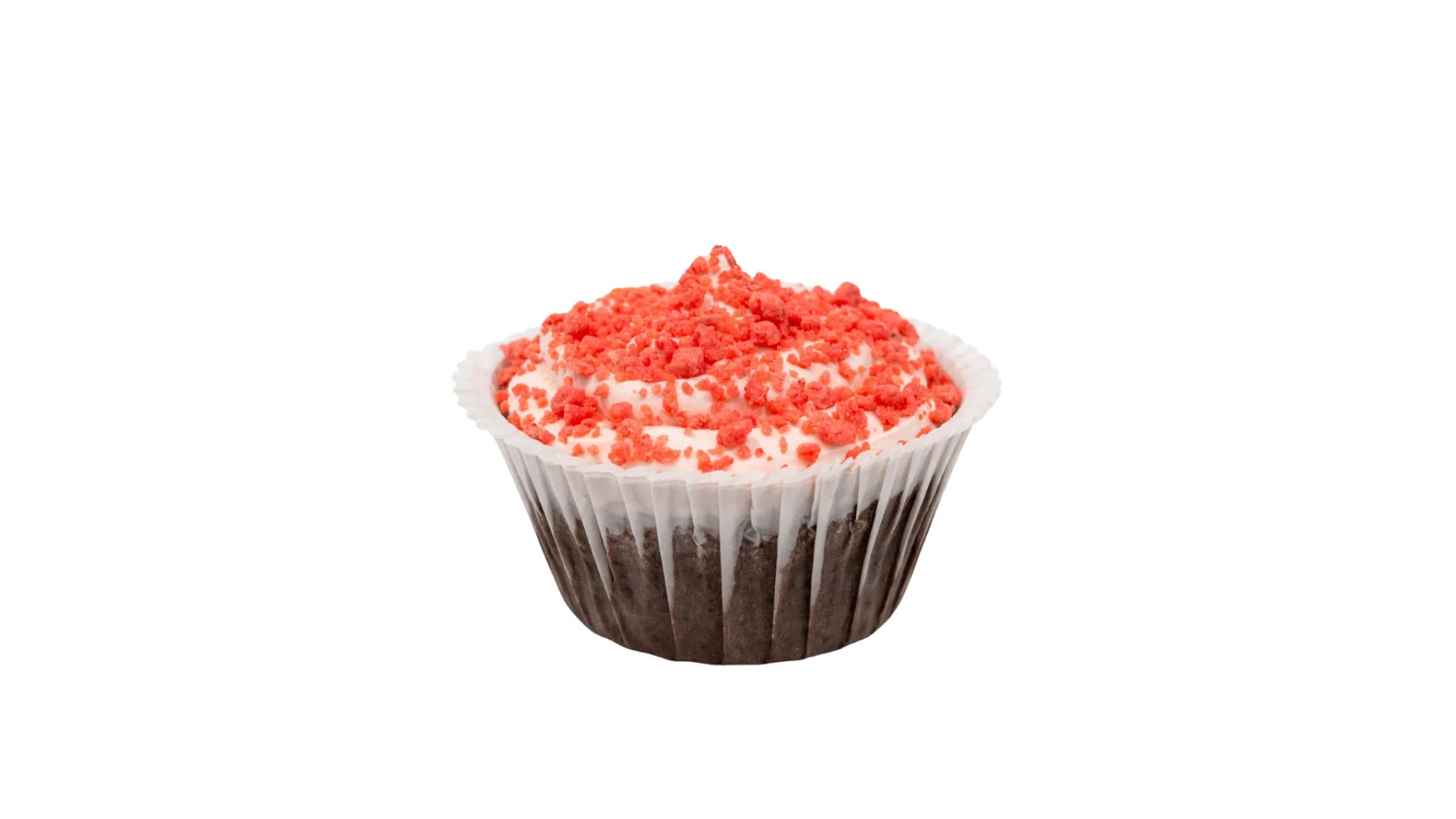 A Chocolate Cupcake Topped with Whipped Marshmallow Frosting and Strawberry Crunch. 