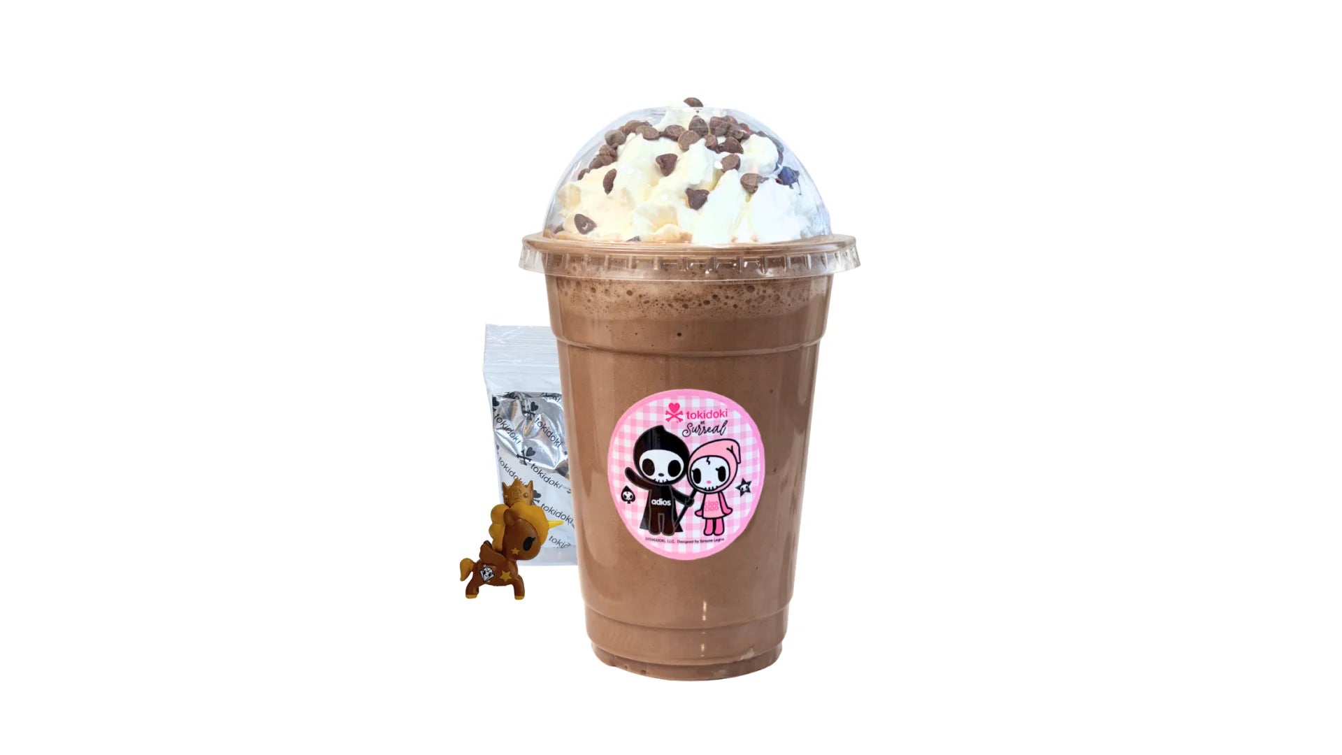A tokidoki inspired Milkshake with Chocolate Ice Cream, Whipped Cream, Graham Crackers and Chocolate Chips. Comes with one 1" tokidoki mystery collectible.