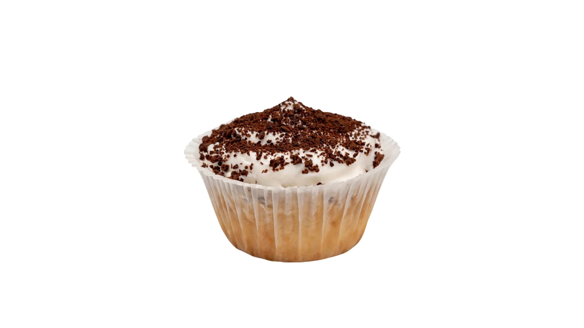 A Vanilla Cupcake Topped with Whipped Marshmallow Frosting and Chocolate Crunch.