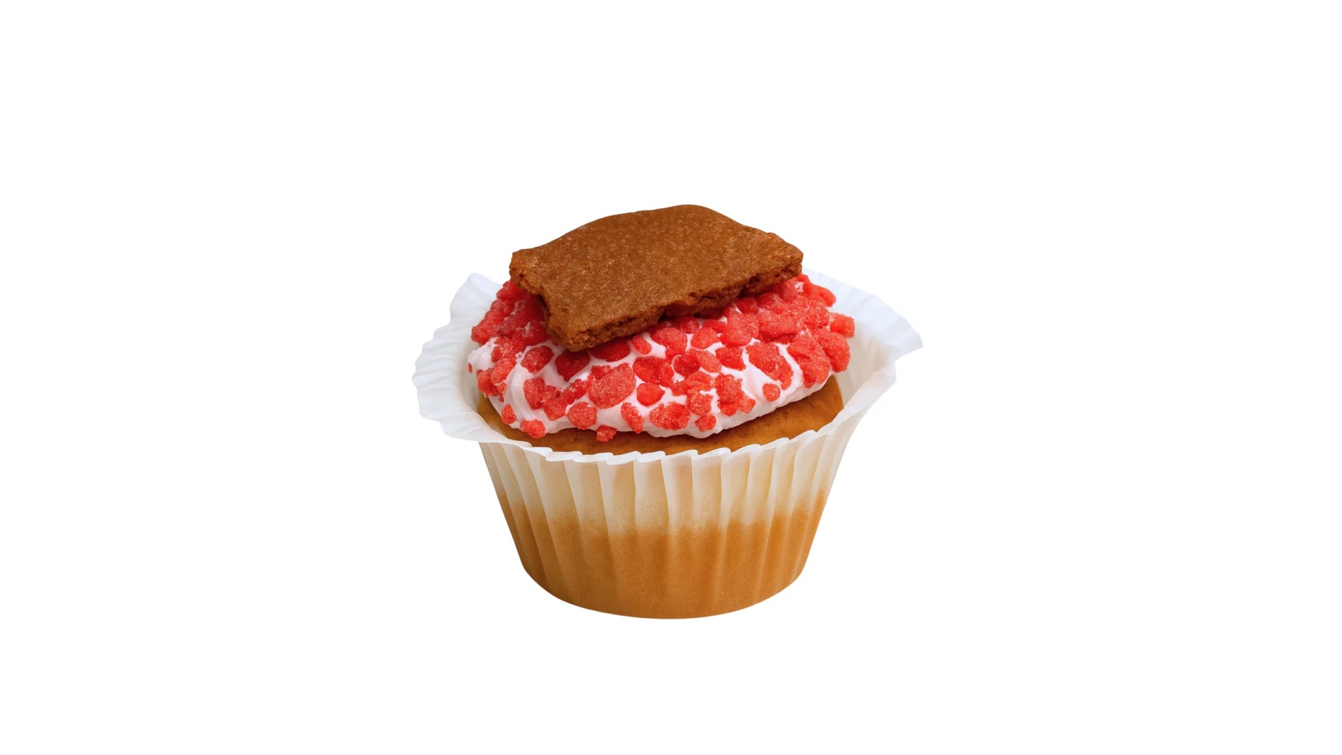 A Vanilla Cupcake Filled with Strawberry Filling, Topped with Cream Cheese Frosting, Strawberry Crunch and Graham Cracker. 