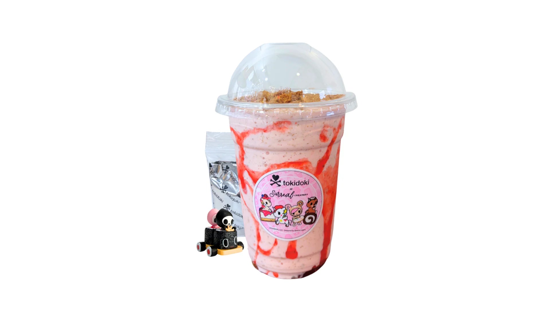 A tokidoki inspired Milkshake with Strawberry Ice Cream, Graham Crackers and Strawberry Drizzle . Comes with one 1" tokidoki mystery collectible.