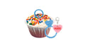 A Red Velvet Cupcake Topped with Marshmallow Whipped Frosting, Rainbow Sprinkles and a Pull-Out Ring with a Message. Comes with a Matching Mini Conversation Heart Charm.