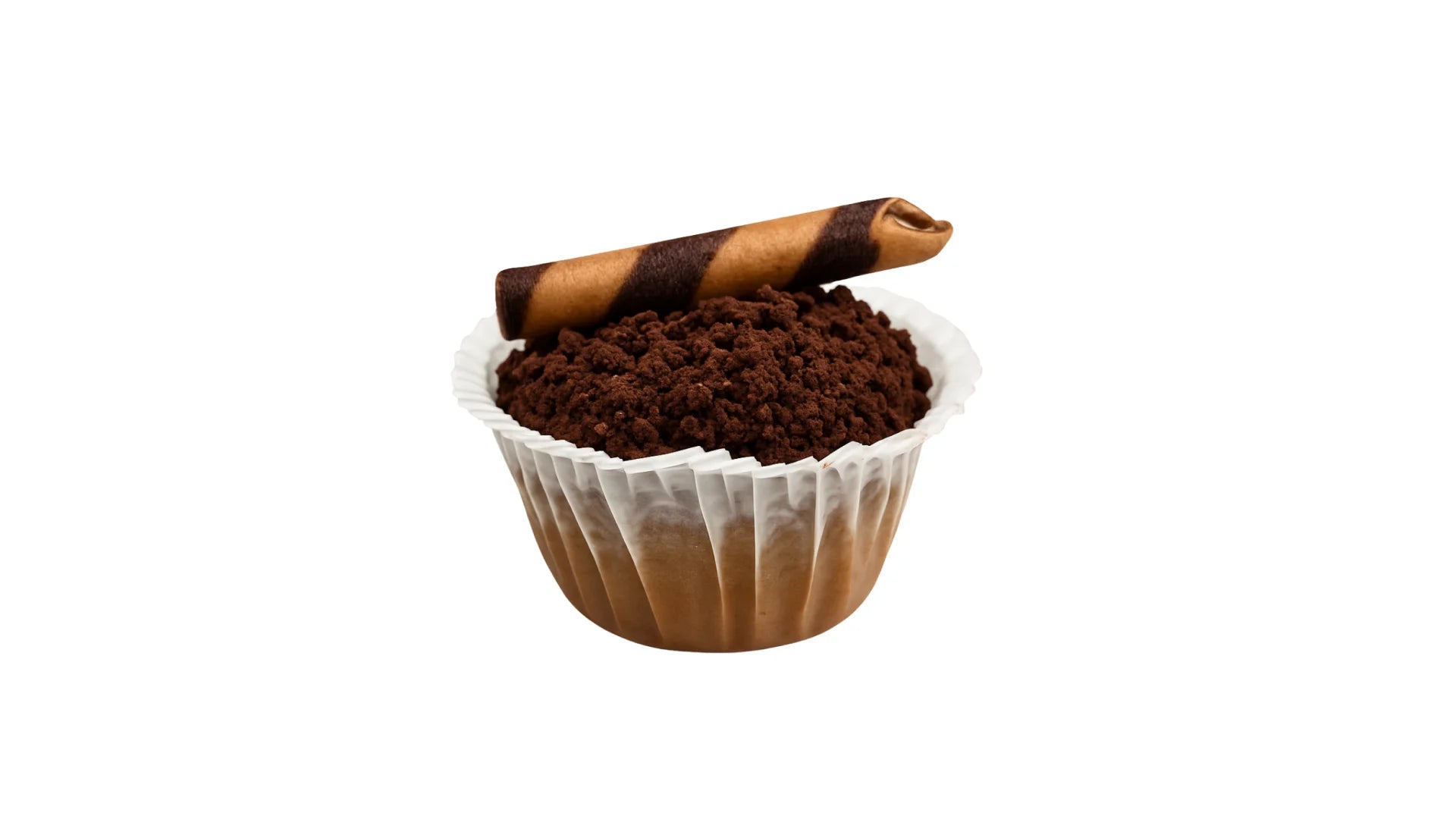 An Espresso Cupcake Topped with Chocolate Frosting, Chocolate Crunch and Chocolate Straw.