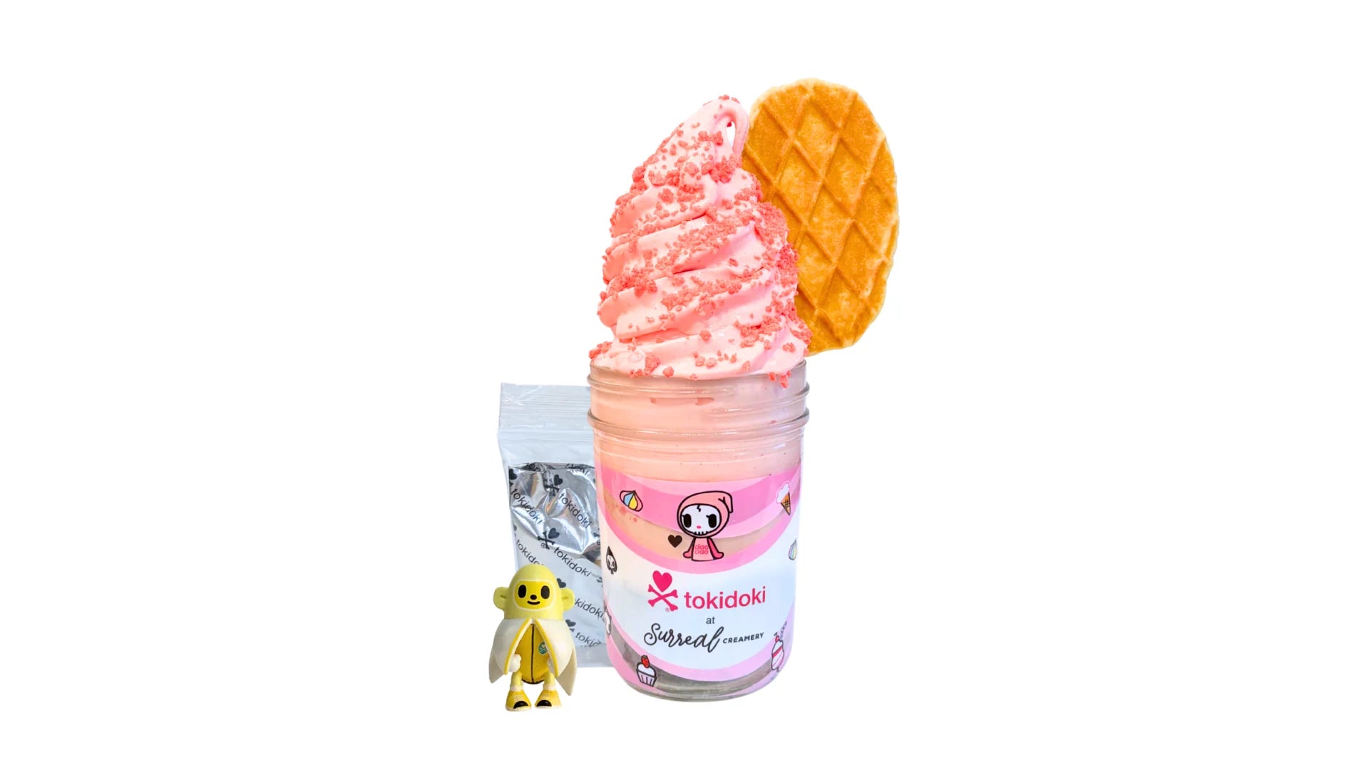 tokidoki inspired Ice Cream in a Mason Jar with Strawberry Ice Cream and Chocolate Chocolate Crunch, Topped with Whipped Cream and Strawberry Crunch. Comes with one 1" tokidoki mystery collectible.