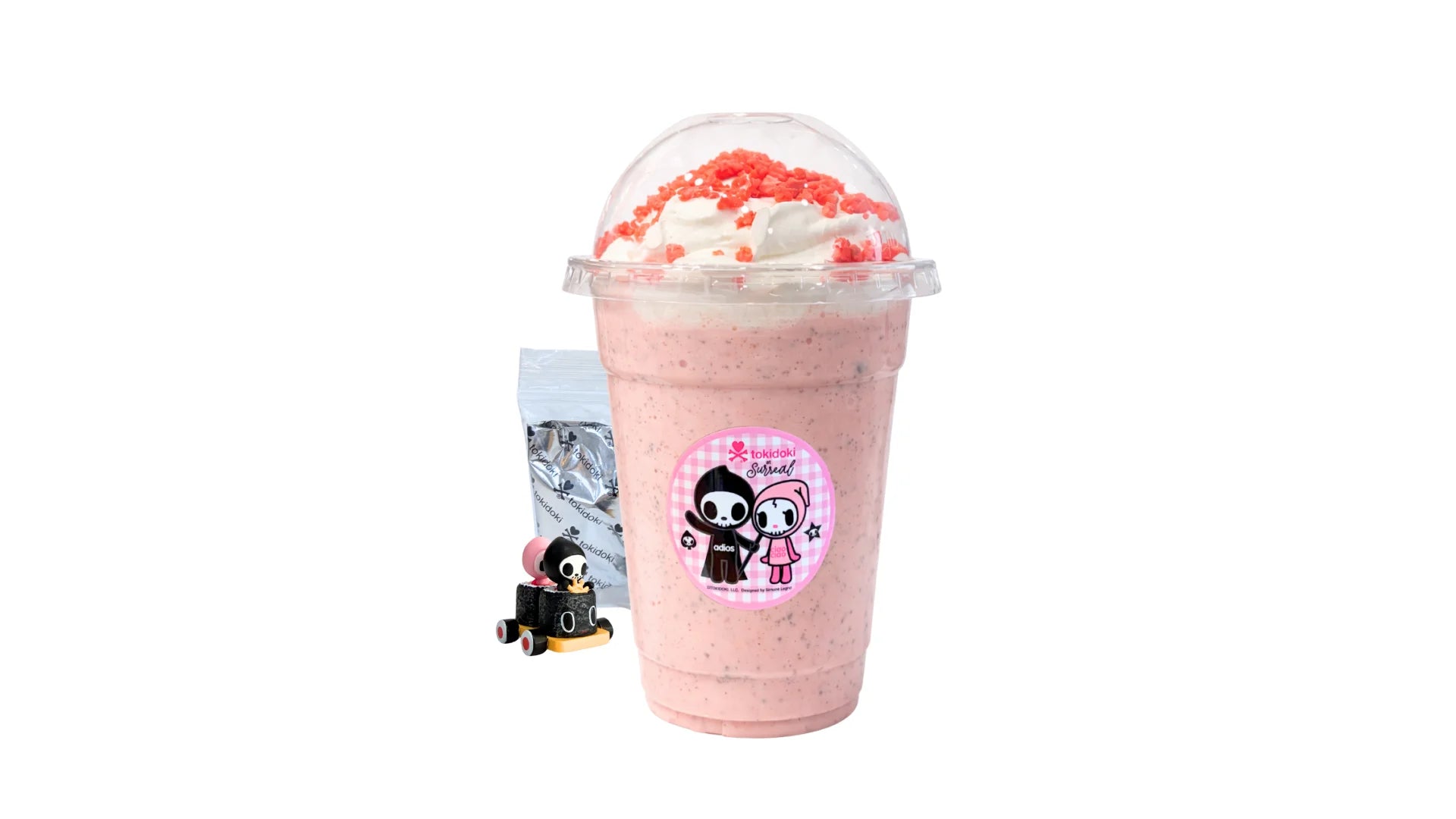 A tokidoki inspired Milkshake with Strawberry Ice Cream and Chocolate Chocolate Crunch, Topped with Whipped Cream and Strawberry Crunch. Comes with one 1" tokidoki mystery collectible.