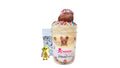 A tokidoki inspired Breaking Batter Cake Jar with Tres Leches Vanilla Cake, Strawberry Frosting, Rainbow Sprinkles and a Frosted Donut Hole with Rainbow Sprinkles. Served in a limited-edition mason jar and paired with one 1" tokidoki mystery collectible.