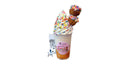 A tokidoki inspired Breaking Batter Cake Cup with Tres Leches Vanilla Cake, Strawberry Frosting, Rainbow Sprinkles and a Frosted Donut Hole with Rainbow Sprinkles. Comes with one 1" tokidoki mystery collectible.