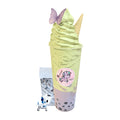 Taro Bubble Tea Topped with Matcha Soft Serve Ice Cream and a Butterfly Wafer. Comes with a 1” tokidoki Mystery Collectible. 