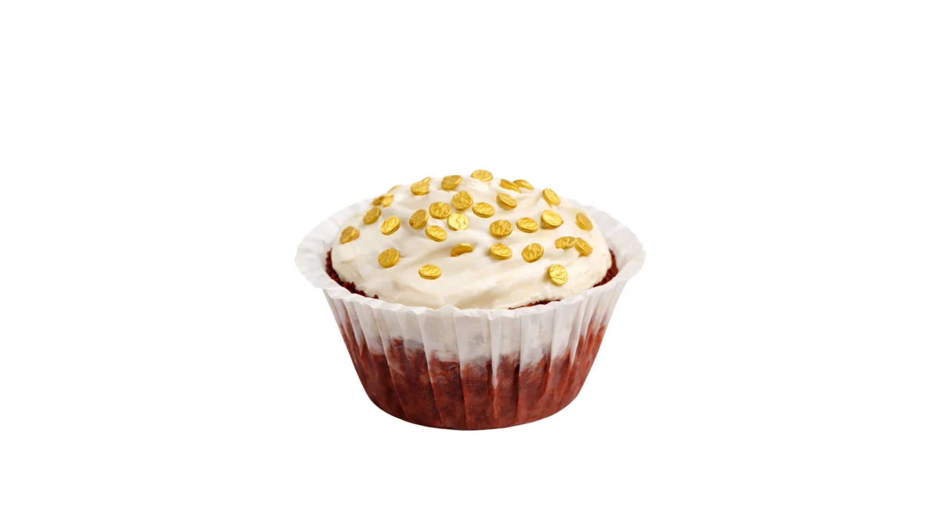 A Red Velvet Cupcake Topped with Cream Cheese Frosting and Golden Sprinkles.
