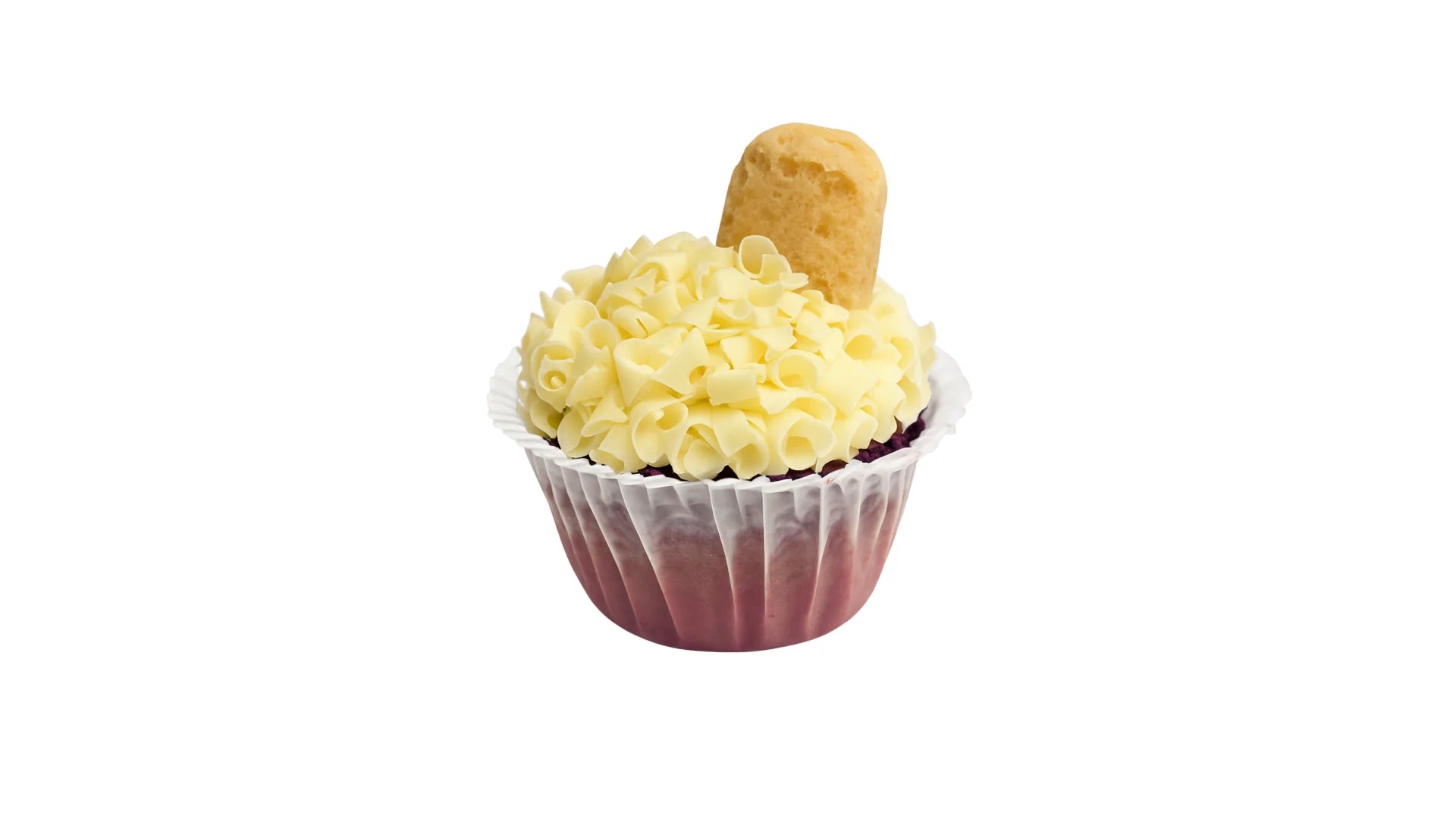 A Taro Cupcake Topped with Cream Cheese Frosting, White Chocolate Curls and Ladyfinger.